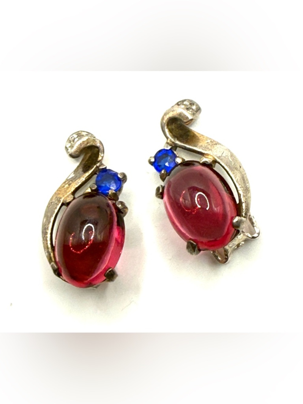 Vintage Crown Trifari Sterling Patented Red Cabochon Earrings 141907 Repair